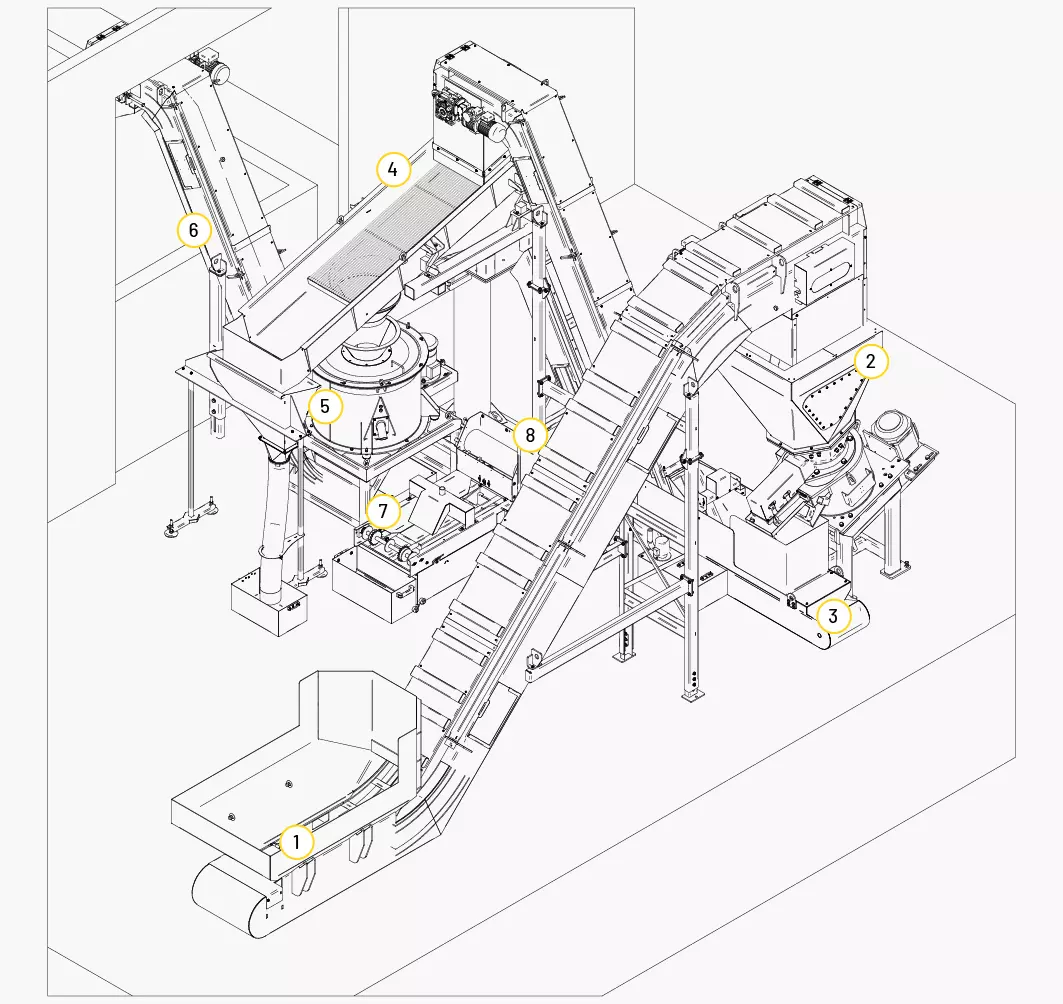 Medium production long metal chip treatment system design